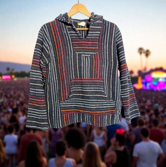 Vintage Franks Textiles Sz M Striped Baja Hoodie - Picture 1 of 5